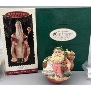 Vintage Santa Hallmark Lot of 2 Keepsake Ornaments St Nicholas, Pink Jolly Holly